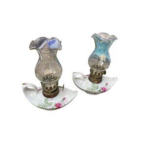Victorian Edwardian pair ceramic brass Floral finger oil boudoir lamps SKU 9735